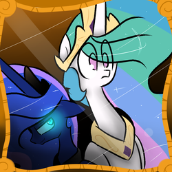 Size: 1000x1000 | Tagged: safe, artist:jankrys00, princess celestia, princess luna, alicorn, pony, g4, duo, floppy ears, frown, glowing eyes, mirror, smiling, wide eyes