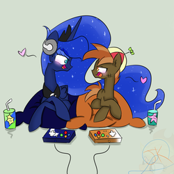 Size: 1000x1000 | Tagged: safe, artist:jankrys00, button mash, princess luna, alicorn, earth pony, pony, gamer luna, g4, bedroom eyes, blushing, crack shipping, duo, eye contact, female, heart, lunamash, male, mare, older, older button mash, open mouth, pillow, prone, shipping, smiling, stallion, straight