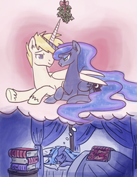 Size: 777x1000 | Tagged: safe, artist:king-kakapo, princess luna, oc, alicorn, pony, g4, alicorn oc, book, canon x oc, dream, mistletoe, sleeping