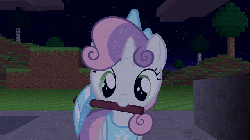 Size: 640x360 | Tagged: safe, artist:jan, button mash, sweetie belle, earth pony, enderman, enderpony, pony, unicorn, don't mine at night, g4, animated, colt, cookie, creeper, cute, diasweetes, endermane, explosion, female, filly, foal, male, minecraft, mouth hold, nom, pickaxe, ponified, video game