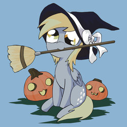 Size: 550x550 | Tagged: safe, artist:alfa995, derpy hooves, pegasus, pony, g4, broom, cute, derpabetes, female, halloween, hat, jack-o-lantern, mare, mouth hold, pumpkin, simple background, sitting, smiling, solo, witch, witch hat