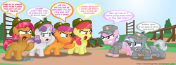 Size: 1280x474 | Tagged: safe, artist:aleximusprime, apple bloom, babs seed, diamond tiara, scootaloo, silver spoon, sweetie belle, g4, abuse, angry, boot camp, clothes, cutie mark crusaders, dialogue, drill sergeant, glasses, hat, military uniform, push-ups, silverbuse, speech bubble, spoonabuse, sweat, text, tiara, tiarabuse, uniform