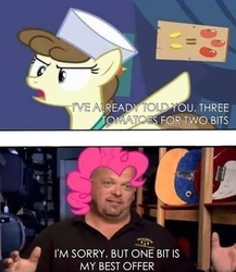 Size: 1200x1380 | Tagged: safe, edit, edited screencap, screencap, pinkie pie, roma, human, g4, putting your hoof down, bits, caption, comic, irl, irl human, mane, pawn stars, photo, rick harrison, text, tomato, tomatoes