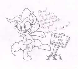 Size: 700x621 | Tagged: safe, artist:dfectivedvice, pinkie pie, earth pony, pony, g4, bipedal, dialogue, female, grass, grayscale, monochrome, sign, sketch, solo, traditional art