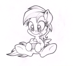 Size: 600x539 | Tagged: safe, artist:dfectivedvice, derpy hooves, g4, female, filly, grayscale, monochrome, muffin, sketch, solo, traditional art
