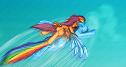Size: 1605x862 | Tagged: safe, artist:from-yesterday-xx, rainbow dash, scootaloo, pegasus, pony, g4, blank flank, female, filly, flying, foal, mare, ponies riding ponies, riding, scootaloo riding rainbow dash, scootalove, speed lines, spread wings, windswept hair, windswept mane, wings
