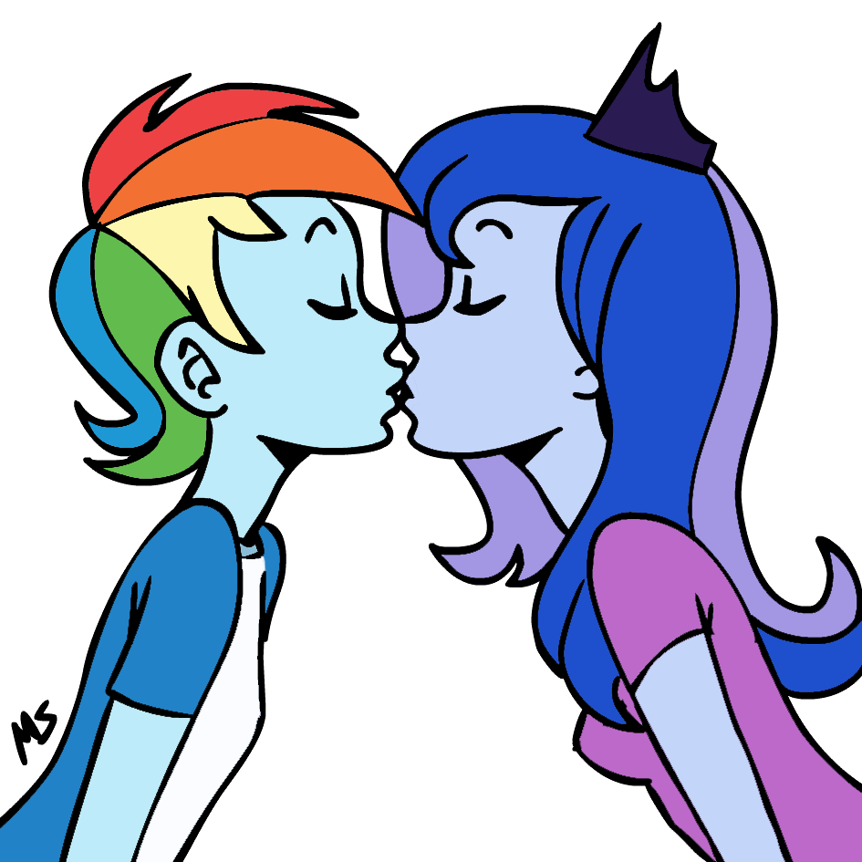 491325 - safe, artist:megasweet, color edit, edit, princess luna, rainbow  dash, vice principal luna, human, equestria girls, g4, colored, duo,  female, kiss on the lips, kissing, lesbian, ship:lunadash, shipping, simple  background -