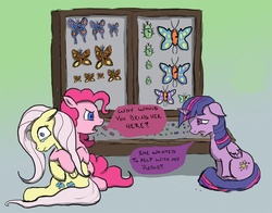 Size: 1021x800 | Tagged: safe, artist:jberg18, fluttershy, pinkie pie, twilight sparkle, alicorn, beetle, butterfly, earth pony, insect, pegasus, pony, g4, collection, crying, dead, dialogue, female, impalement, mare, science, sitting, speech bubble, thousand yard stare, traumatized, twilight sparkle (alicorn), wide eyes