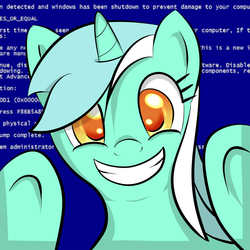 Size: 1000x1000 | Tagged: safe, artist:malwinters, lyra heartstrings, pony, unicorn, g4, blue screen of death, female, fourth wall, grin, happy, looking at you, smiling, solo, text