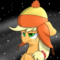 Size: 3000x3000 | Tagged: safe, artist:malwinters, applejack, earth pony, pony, g4, applejack is not amused, cap, crossed arms, female, firefly (series), floppy ears, freckles, grumpy, hat, mare, snow, solo, unamused