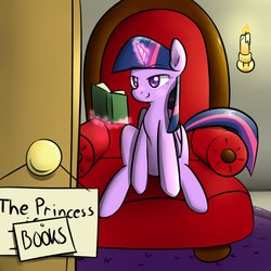 Size: 3000x3000 | Tagged: safe, artist:malwinters, twilight sparkle, alicorn, pony, g4, blushing, book, chair, female, magic, mare, reading, sign, sitting, smiling, solo, telekinesis, twilight sparkle (alicorn)