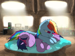 Size: 1280x960 | Tagged: safe, artist:fuzzyfox11, rainbow dash, twilight sparkle, g4, book, cushion, female, lesbian, pc, ship:twidash, shipping, table