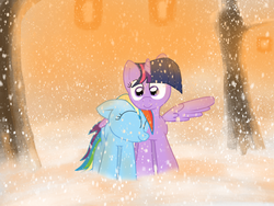 Size: 1280x960 | Tagged: safe, artist:fuzzyfox11, rainbow dash, twilight sparkle, alicorn, pony, g4, female, hug, lantern, lesbian, mare, ship:twidash, shipping, snow, snowfall, snuggling, twilight sparkle (alicorn), winghug