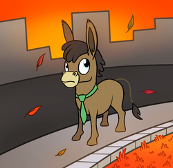 Size: 1516x1480 | Tagged: safe, artist:wolframclaws, cranky doodle donkey, donkey, g4, autumn, city, cityscape, male, necktie, solo, younger