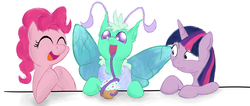 Size: 1574x668 | Tagged: artist needed, safe, pinkie pie, twilight sparkle, oc, mothpony, original species, g4, cupcake, drink, happy, moth pony general, smiling, table, tentacle tongue, tongue out