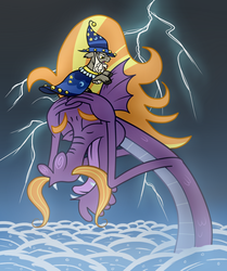 Size: 1293x1545 | Tagged: safe, artist:wolframclaws, star swirl the bearded, steven magnet, g4, cape, clothes, hat, lightning, water