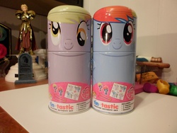 Size: 3648x2736 | Tagged: safe, derpy hooves, rainbow dash, pegasus, pony, g4, aerith gainsborough, can, female, final fantasy, final fantasy vii, funko, gilgamesh, irl, logo, mare, merchandise, photo, tin-tastic, toy