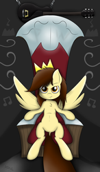 Size: 3500x6000 | Tagged: safe, artist:spenws, oc, oc only, oc:prince whateverer, pegasus, pony, chest fluff, crown, fanart, guitar, king, looking at you, male, music notes, prince, royalty, sitting, smirk, solo, stallion, throne