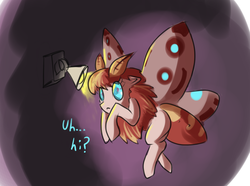 Size: 1148x855 | Tagged: safe, artist:jazzteeth, oc, oc only, mothpony, original species, antennae, caught, chest fluff, dialogue, flying, lamp, looking up, moth pony general, solo