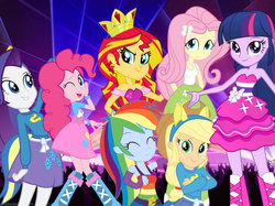 Size: 799x599 | Tagged: safe, artist:sunsetshimmerss, applejack, fluttershy, pinkie pie, rainbow dash, rarity, sunset shimmer, twilight sparkle, human, equestria girls, g4, my little pony equestria girls, big, dancing, fall formal outfits, helping twilight win the crown, humane five, humane six, night, party, rarity elegant pose, twilight sparkle (alicorn)