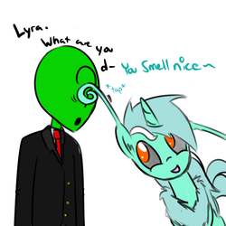 Size: 1000x1000 | Tagged: safe, artist:wuzzlefluff, lyra heartstrings, oc, oc:anon, human, mothpony, original species, g4, duo, human fetish, moth pony general, open mouth, smelling, smiling, species swap