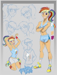 Size: 765x1000 | Tagged: safe, artist:warwind, rainbow dash, human, g4, belly button, clothes, female, hoodie, humanized, kneesocks, light skin, ponytail, shorts, socks, solo