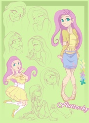 Size: 718x1000 | Tagged: safe, artist:warwind, angel bunny, fluttershy, bird, butterfly, human, rabbit, g4, clothes, dress, female, humanized, light skin, skirt, solo, sweater, sweatershy