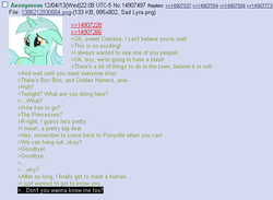 Size: 636x465 | Tagged: safe, lyra heartstrings, g4, /mlp/, 4chan, 4chan screencap, anon in equestria, feels, greentext, rejection is magic, sad, text