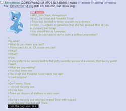 Size: 618x545 | Tagged: safe, trixie, g4, /mlp/, 4chan, 4chan screencap, anon in equestria, feels, greentext, rejection is magic, text