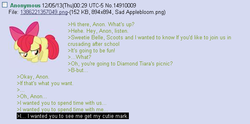 Size: 613x303 | Tagged: safe, apple bloom, g4, /mlp/, 4chan, 4chan screencap, anon in equestria, feels, greentext, rejection is magic, sad, text