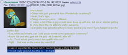 Size: 701x305 | Tagged: safe, lightning dust, g4, /mlp/, 4chan, 4chan screencap, anon in equestria, feels, greentext, rejection is magic, sad, text