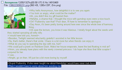 Size: 703x403 | Tagged: safe, discord, g4, /mlp/, 4chan, 4chan screencap, anon in equestria, eris, feels, greentext, rejection is magic, rule 63, text