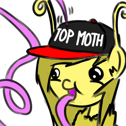 Size: 500x500 | Tagged: safe, artist:wuzzlefluff, oc, oc only, oc:golden corral, mothpony, original species, baseball cap, hat, long tongue, moth pony general, proboscis, simple background, solo, tongue out, top gun, white background