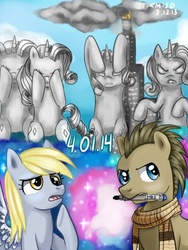 Size: 480x640 | Tagged: safe, artist:themisdolorous, derpy hooves, doctor whooves, rarity, time turner, pegasus, pony, g4, building, clothes, doctor who, female, manehattan, mare, mouth hold, parody, ponified, scarf, sonic screwdriver, the angels take manhattan, the doctor, weeping angel, weeping angels