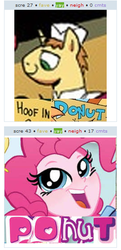 Size: 270x560 | Tagged: safe, donut joe, pinkie pie, derpibooru, equestria girls, g4, donut, expand dong, exploitable meme, juxtaposition, juxtaposition win, meme, meta, nudity, open mouth, ponut, smiling