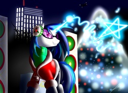 Size: 3100x2250 | Tagged: safe, artist:bludraconoid, dj pon-3, vinyl scratch, g4, building, christmas, clothes, earmuffs, female, hearth's warming eve, magic, music notes, night, solo, speaker, stars, sweater