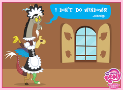 Size: 720x531 | Tagged: safe, discord, g4, official, clothes, crossdressing, dialogue, maid, maid discord, my little pony logo, quote, solo, speech bubble, text, window
