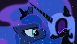 Size: 11200x6400 | Tagged: dead source, safe, artist:parclytaxel, nightmare moon, princess luna, g4, absurd resolution, duality, purple background, simple background, sparkles, vector
