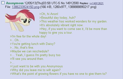 Size: 523x338 | Tagged: safe, roseluck, g4, /mlp/, 4chan, 4chan screencap, anon in equestria, feels, greentext, rejection is magic, sad, text