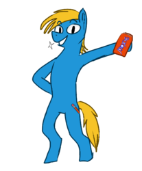 Size: 464x560 | Tagged: safe, artist:nepeppers, oc, oc only, oc:mox, pony, bipedal, can, drink, male, moxie soda, soda, solo, stallion