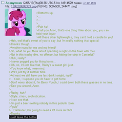 Size: 561x562 | Tagged: safe, berry punch, berryshine, g4, /mlp/, 4chan, 4chan screencap, anon in equestria, feels, greentext, rejection is magic, sad, text