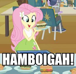 Size: 519x504 | Tagged: safe, edit, edited screencap, screencap, bright idea, fluttershy, micro chips, wiz kid, equestria girls, g4, my little pony equestria girls, burger, caption, chair, clothes, computer, food, hamburger, hot dog, image macro, meat, plate, sandwich, sausage, skirt, text
