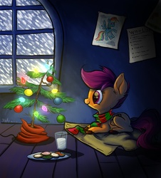 Size: 1400x1550 | Tagged: safe, artist:jigglybelle, rainbow dash, scootaloo, g4, blanket, christmas, christmas lights, christmas tree, clothes, cookie, dark, doodle, drawing, drink, feels, female, glass, glowing, hooves, milk, ornament, ornaments, paper, plate, scarf, snow, snowfall, solo, tree, unshorn fetlocks, winter
