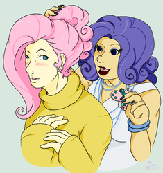 Size: 911x971 | Tagged: safe, artist:therottingroot, fluttershy, rarity, human, g4, clothes, humanized, light skin, sweater, sweatershy, transgender, turtleneck