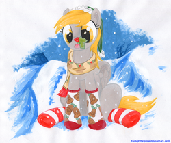 Size: 1194x1000 | Tagged: safe, artist:foxxy-arts, derpy hooves, pegasus, pony, g4, christmas, clothes, female, holiday, holly, holly mistaken for mistletoe, mare, scarf, snow, snowfall, socks, solo, striped socks, traditional art, winter