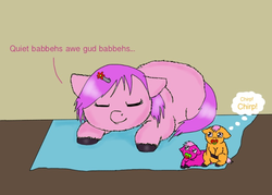 Size: 834x597 | Tagged: safe, artist:waggytail, fluffy pony, fluffy pony foals, fluffy pony mother, pacifier