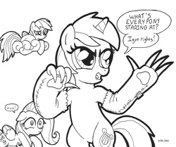 Size: 1195x1000 | Tagged: safe, artist:abronyaccount, fluttershy, lyra heartstrings, bear, g4, bear arms, hand, monochrome, pun, the second amendment, visual pun