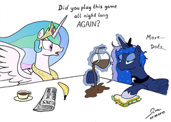 Size: 3160x2260 | Tagged: safe, artist:abyssalemissary, princess celestia, princess luna, gamer luna, g4, banana, bed mane, caffeine, coffee, colored, dialogue, messy mane, morning ponies, newspaper, onyxia, sandwich, table, tired, warcraft, world of warcraft