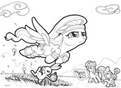 Size: 1364x1000 | Tagged: safe, artist:abronyaccount, angel bunny, fluttershy, spike, twilight sparkle, alicorn, pony, g4, hurricane fluttershy, exercise, female, lineart, mare, monochrome, twilight sparkle (alicorn)