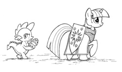 Size: 900x535 | Tagged: safe, artist:sovwi, spike, twilight sparkle, dragon, pony, g4, armor, black and white, coconut, duo, fantasy class, female, grayscale, knight, lineart, male, mare, monochrome, monty python, monty python and the holy grail, raised hoof, shield, simple background, warrior, white background